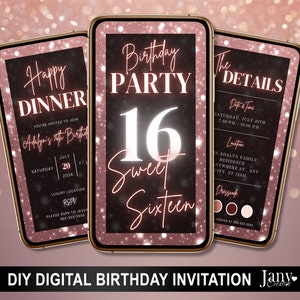 Editable Sweet Sixteen Invitation | 16th Birthday Party Digital Invite| Rose Gold Neon| Electronic Phone Invite| Elegant Sixteen Celebration