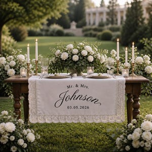 Personalized Lace Wedding Table Runner: Custom Fabric Table Banner, Sweetheart Table Sign, Wedding Reception Decor, Bridal Table Decor zdjęcie 3