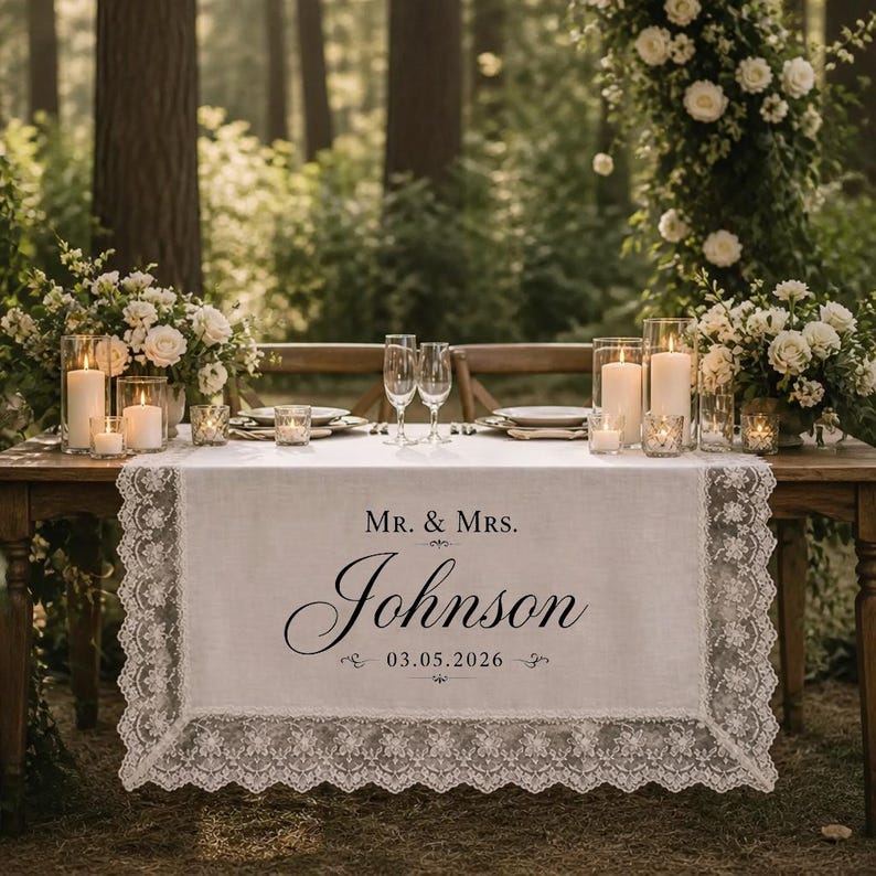 Personalized Lace Wedding Table Runner: Custom Fabric Table Banner, Sweetheart Table Sign, Wedding Reception Decor, Bridal Table Decor zdjęcie 6