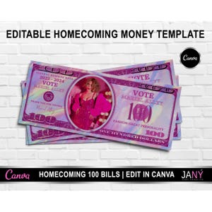 Homecoming Campaign Money, Homecoming 100 bill, 100 Dollar Bill Template, Custom Game Party Play Money, Add Your Text & Face on Money, Canva