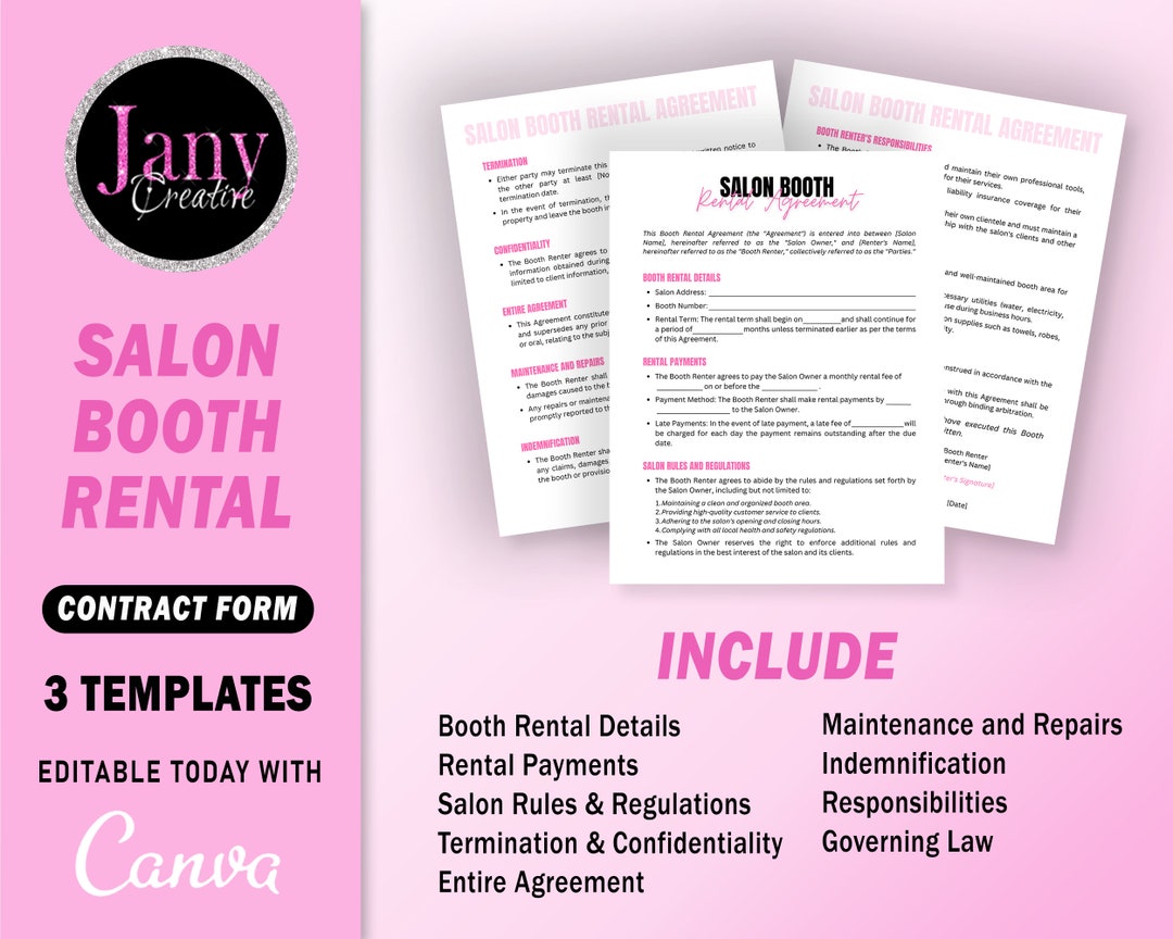 Professional Salon Booth Rental Contract, Editable Booth Rental Agreement, Salon Station, Spa