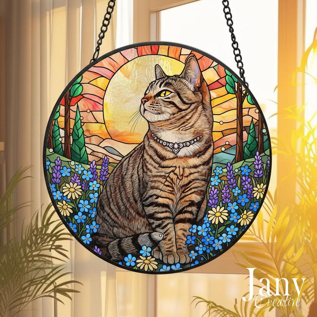 Cat Stained Glass Suncatcher, Mothers Day Gift for Mom, Flower ...