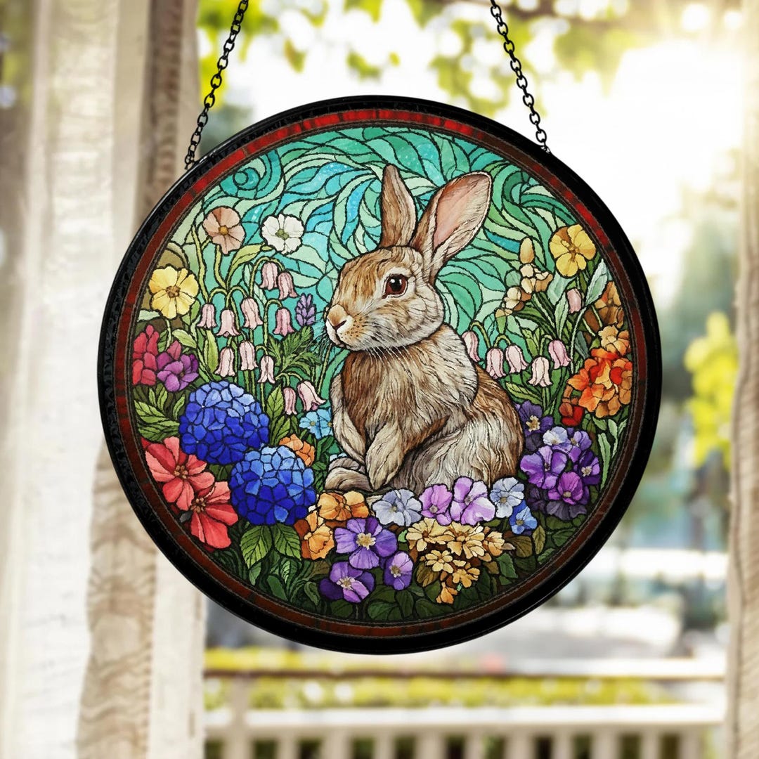 Stained Glass Rabbit Suncatcher - Wildflower Garden Bunny Window Decor ...
