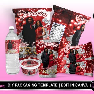 Red Prom Send off Treat Bundle , Prom water label, Prom candy bar, 2025 Prom Chip Bag Template, Prom Send Off Party Favor, Editable In Canva