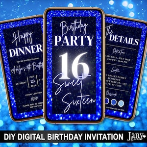 Editable Sweet Sixteen Invitation | 16th Birthday Party Digital Invite | Blue Neon | Electronic Phone Invite | Elegant Sixteen Celebration