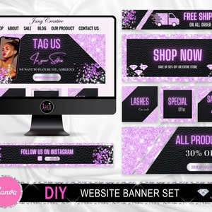 Purple Website Banner, Diy Web Banner Set, Beauty Web Banner Template, Shopify Web Banner, Hair Lash Web Banner