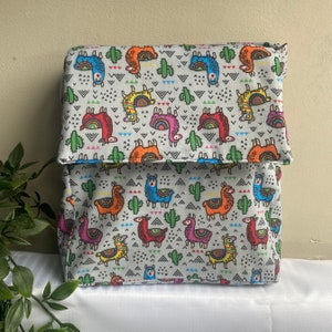 Llama Insulated Lunch Bag on Grey Background  for Women Kids, Reusable Lunch Cooler for School, Office, Picnic, Gift. Washable. Handmade
