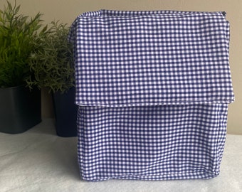 Navy Gingham Insulated Lunch Bag  for Women Kids, Reusable Lunch Cooler for School, Office, Picnic, Gift. Washable.