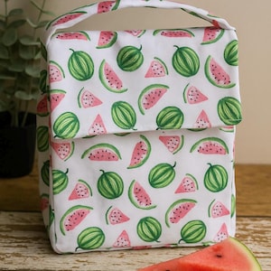Watermelon Insulated Lunch Bag on cream colour Background. Reusable Lunch Cooler for School, Office, Picnic, Gift for Women Kids. Washable.