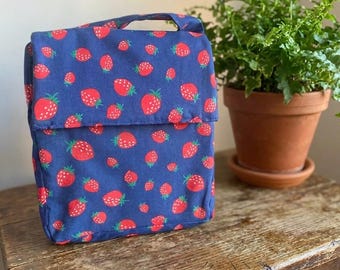 Handmade Strawberry Print Insulated Lunch Bag - Navy Background, Washable
