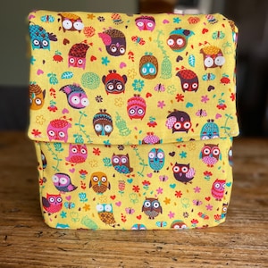 Owl Insulated Lunch Bag on Yellow  for Women Kids, Reusable Lunch Cooler for School, Office, Picnic, Gift. Washable. Handmade
