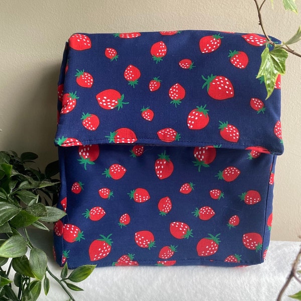 Strawberry on Navy Insulated Lunch Bag  for Women Kids, Reusable Lunch Cooler for School, Office, Picnic, Gift. Washable. Handmade