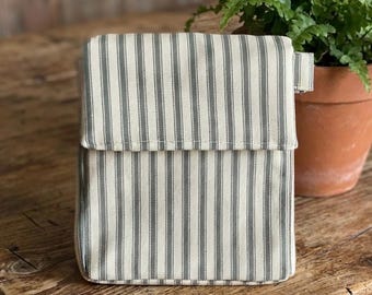 Striped Insulated Lunch Bag: Olive Green and Cream, Washable