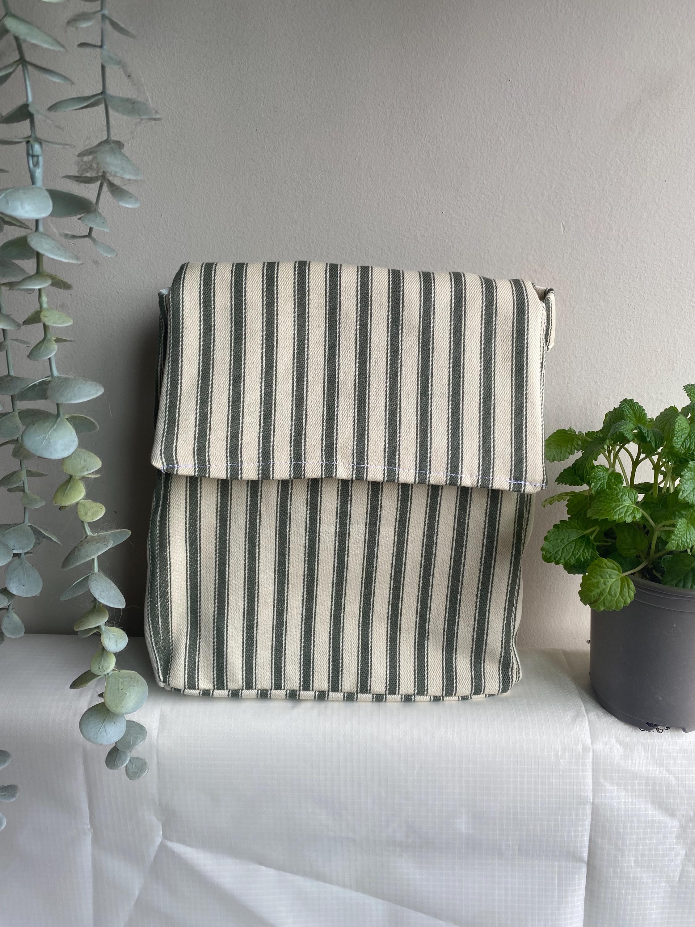 Striped Insulated Lunch Bag: Olive Green and Cream, Washable