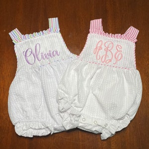 Personalized Seersucker Girls Bubble Romper with Bow, Monogrammed Bubble, Baby Girl Clothing, Personalized Sunsuit, Baby Name Bubble