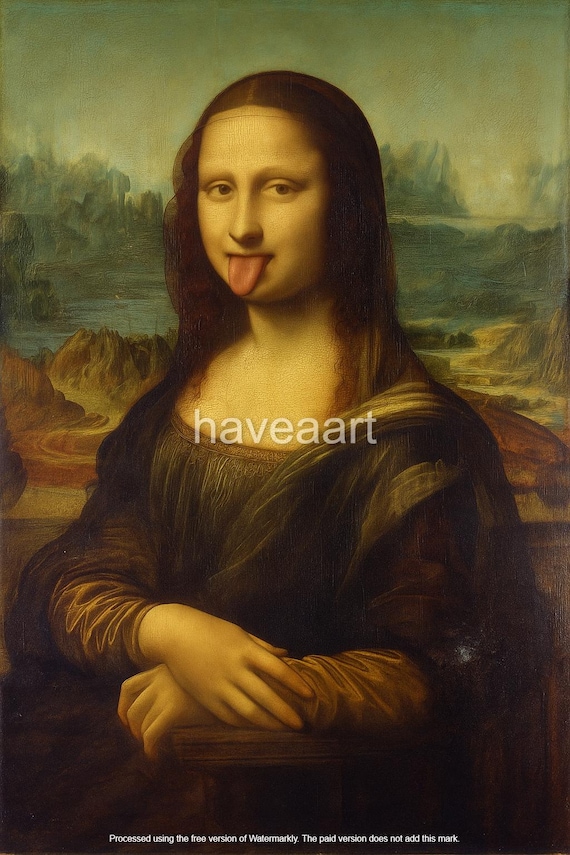 Funny Mona Lisa Tongue Out Art Print, Playful Altered Vintage Art