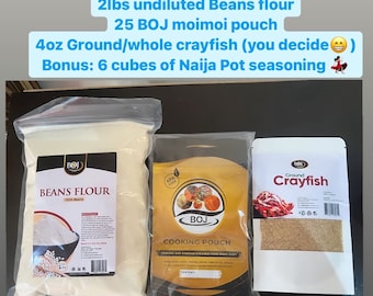 Beans flour combo pack- suitable for moimoi/akara / Gbegiri. 2lbs beans flour, 4oz ground crayfish, 25 moimoi pouch. READ description!