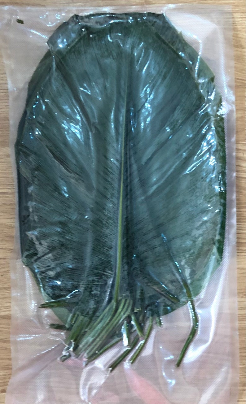 Pu&ograve; includere: Una grande foglia verde &egrave; sigillata in un sacchetto di plastica trasparente. La foglia &egrave; piegata a met&agrave; e il gambo &egrave; visibile sul fondo del sacchetto.
