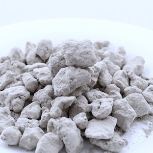 May include: A pile of light gray, irregularly shaped rocks or chunks, possibly a type of food or mineral, sits on a white surface. The objects have a rough, textured appearance and are clustered together.
