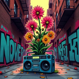 May include: A vibrant illustration of a blue boombox with large speakers, holding a bouquet of pink and yellow flowers. The background is a graffiti-covered alleyway with brick buildings and a yellow sky.
