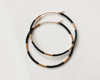 Black Gold Beaded Hoop Earrings - Gold Filled | Colourful Hoops | Large Hoop Earrings | Beaded Earrings | Minimal Earrings | Hoop Earrings