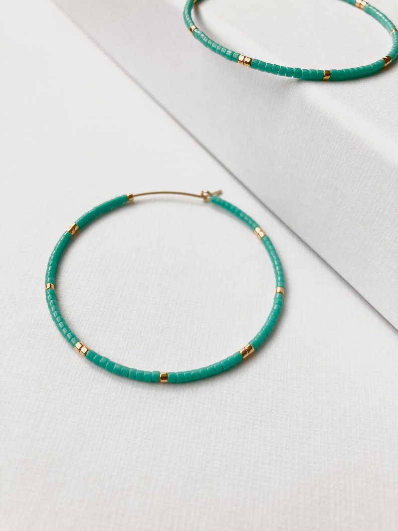 Turquoise Beaded Hoop Earrings Gold Filled Colourful Hoops Large Hoop Earrings Beaded Earrings Minimalist Earrings Hoop Earrings image 3