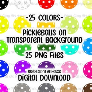 Puede incluir: 25 imágenes de pickleball de diferentes colores sobre un fondo transparente. Cada imagen es un archivo PNG.