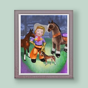 May include: A ceramic figurine set featuring a central figure wearing a white cowboy hat, purple shirt, and orange pants, flanked by a dark brown horse on the left, a smaller brown horse in the front, and a larger brown horse with a purple saddle.