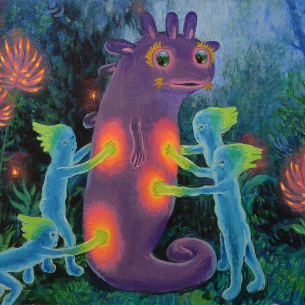 Amfossa - Digital print of an original weird painting featuring  sc-fi fantasy creatures in a vividly coloured  alien jungle