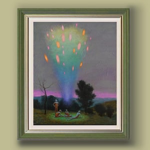 Apourva-Weird digital art print of an original painting. This surreal sci-fi art print features a strange sky above some hikers.