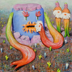 Pluforic - In this original sci-fi painting, a surreal set of figures create a weird scene to challenge your eccentric decor.