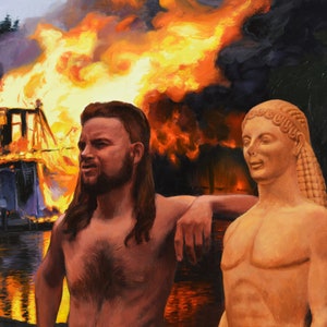 Salvage- 24&quot;x28&quot; Love this original surreal oil painting of a red-neck with a Greek statue in front of a burning house. Weird and wild!