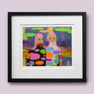 May include: A painting of two colorful, cartoon-like figures standing in a landscape. The figures have pink skin, large eyes, and are covered in colorful spots. The background is a blurry landscape with green and blue hues.