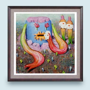 Pluforic- 8"x8"  This surreal, sci fi art print will make a strange trippy gift, weird digital print of an odd original painting, funky art