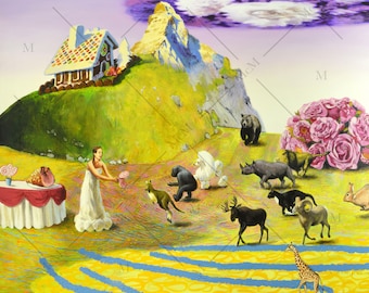 May include: A whimsical painting depicting a gingerbread house on a hill, a woman in a white dress, a variety of animals, and a bouquet of pink roses. The scene is set against a backdrop of a mountain range and a purple sky.