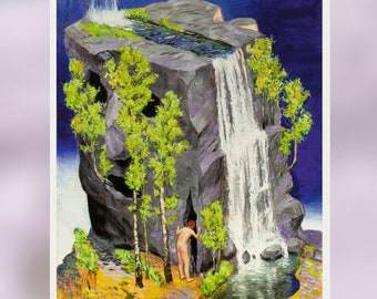 Caverning - Art Print of  Surreal Sci-Fi Waterfall Painting (8x10)