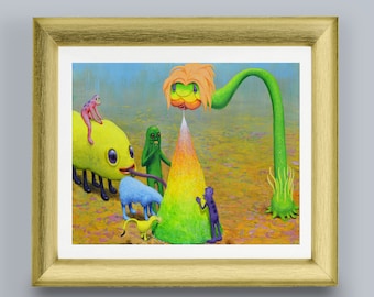 May include: A colorful painting of a fantastical scene with a green plant with a yellow flower, a yellow creature with six legs, a blue creature with a long tongue, a green creature with a long tongue, and a purple creature standing near a rainbow-colored cone.