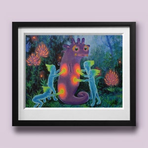 Amfossa: Impresión digital de una pintura extraña original que presenta criaturas fantásticas de ciencia ficción en una jungla alienígena de colores vivos.