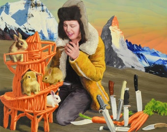 May include: A woman wearing a yellow jacket and a fur-trimmed hat sits in a snowy mountain landscape. She is holding a small white rabbit. In front of her are several knives and carrots. A small orange wooden structure with four rabbits inside is in the foreground.