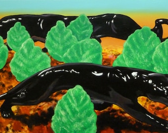 Ferocious Diorama- Original (UNSTRETCHED) surrealist 21"x 30" oil painting on canvas of a black panther prowling through mint gums.