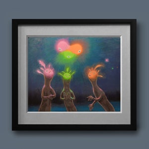 Vooloo-Weird art print of an original painting, This surreal digital sci-fi art print of a magical glowing visitor makes the perfect gift.