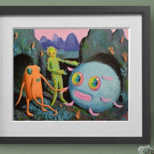 Marnu-Weird art print of an original painting of three strange creatures, This surreal digital sci-fi art print makes the perfect gift image 1