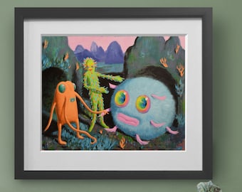 Marnu -Surreal digital sci-fi art print of three strange creatures in a weird landscape