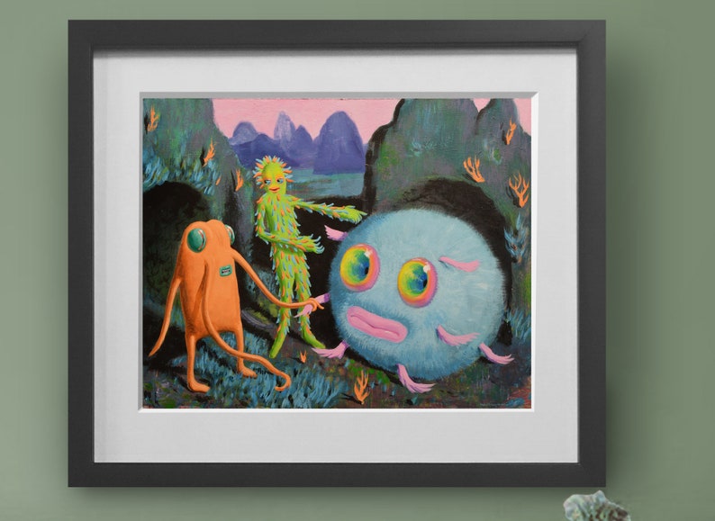 Marnu-Weird art print of an original painting of three strange creatures, This surreal digital sci-fi art print makes the perfect gift image 1