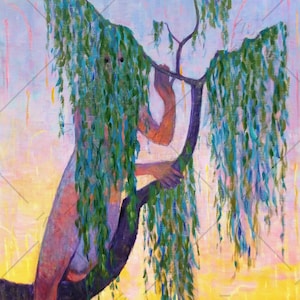 May include: A painting of a person standing in a tree with long, green, flowing branches. The person is partially obscured by the branches, and the background is a soft, pastel yellow and blue.