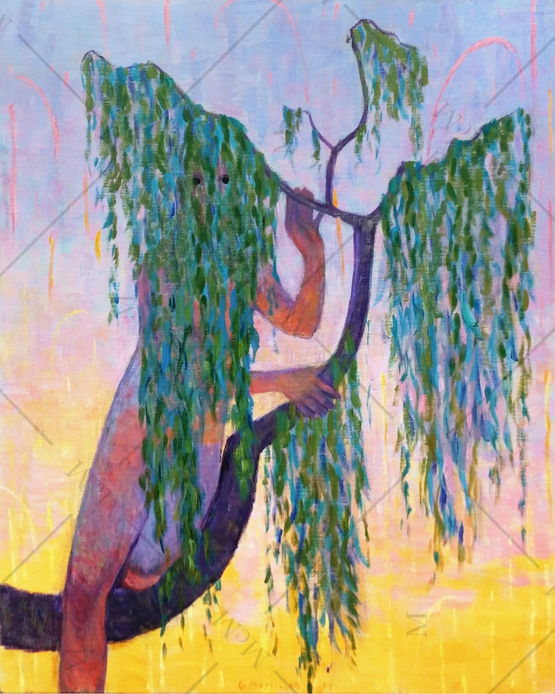 May include: A painting of a person standing in a tree with long, green, flowing branches. The person is partially obscured by the branches, and the background is a soft, pastel yellow and blue.