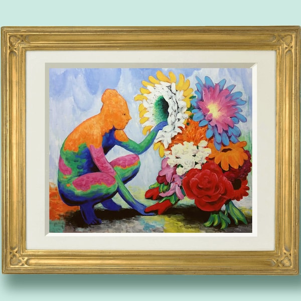 Blossalutating- original weird painting is now a weird art print, This surreal, flowery sci fi art print is fun as a trippy strange gift