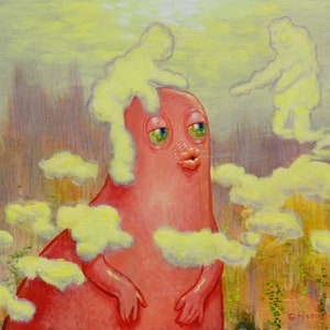 Culous - Original 16&quot;x20&quot;acrylic painting on panel of strange curious beings in this surreal, sci-fi scene.  Fun painting for weird people