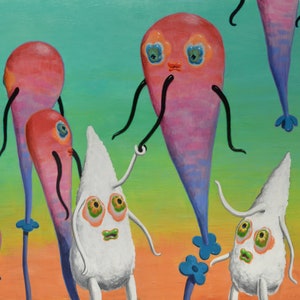 Oowaan - Original weird 24.75&quot;x30.5&quot;  sci-fi painting of colorfully surreal figures bidding a long farewell.