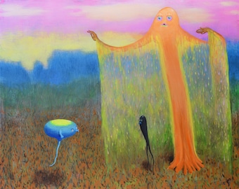 May include: An abstract painting depicts a surreal scene with three figures. A large orange figure with outstretched arms stands over two smaller figures, one blue and one black, in a field. The background features a colorful sky and distant blue hills.